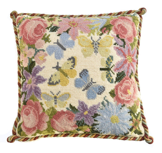 Clematis, Rose, and Butterflies Needlepoint Kit Elizabeth Bradley Design Cream 