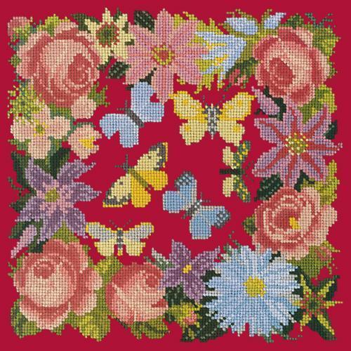 Clematis, Rose, and Butterflies Needlepoint Kit Elizabeth Bradley Design Bright Red 